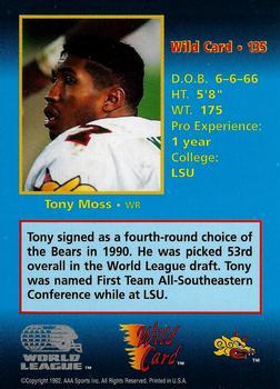 1992 Wild Card WLAF - 100 Stripe #135 Tony Moss Back
