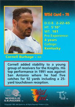 1992 Wild Card WLAF - 50 Stripe #78 Cornell Burbage Back