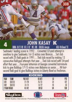 1993 SkyBox Impact #308 John Kasay Back