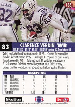 1993 SkyBox Impact #138 Clarence Verdin Back