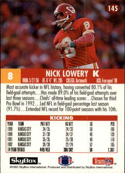 1993 SkyBox Impact #145 Nick Lowery Back