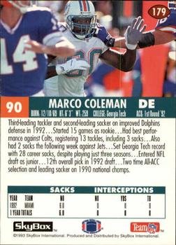 1993 SkyBox Impact #179 Marco Coleman Back