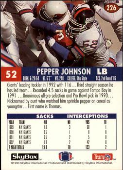 1993 SkyBox Impact #226 Pepper Johnson Back