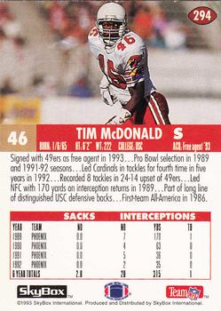 1993 SkyBox Impact #294 Tim McDonald Back