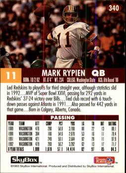 1993 SkyBox Impact #340 Mark Rypien Back