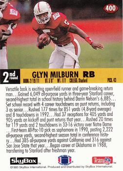 1993 SkyBox Impact #400 Glyn Milburn Back