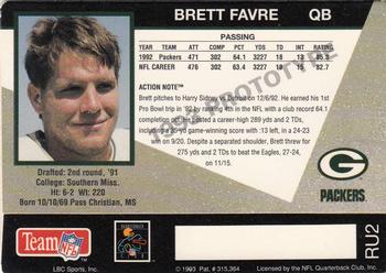 1993 Action Packed - Rookie/Update Prototypes #RU2 Brett Favre Back