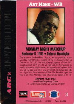 1993 Action Packed Monday Night Football #3 Art Monk Back