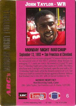 1993 Action Packed Monday Night Football #6 John Taylor Back