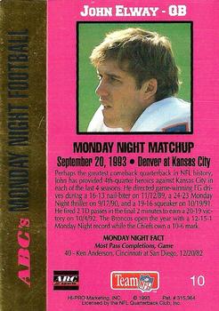 1993 Action Packed Monday Night Football #10 John Elway Back