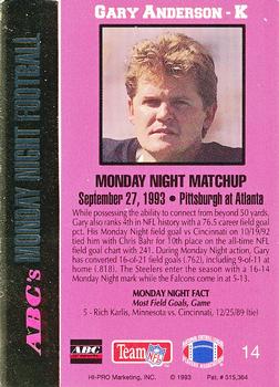1993 Action Packed Monday Night Football #14 Gary Anderson Back