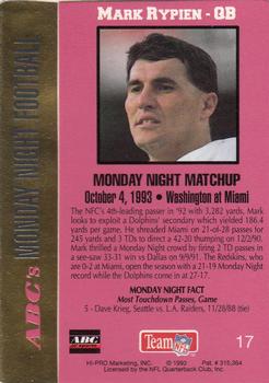 1993 Action Packed Monday Night Football #17 Mark Rypien Back