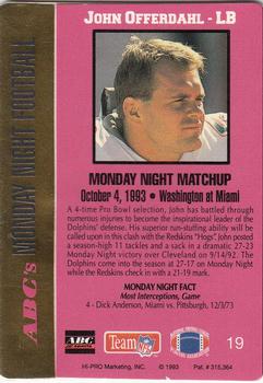 1993 Action Packed Monday Night Football #19 John Offerdahl Back