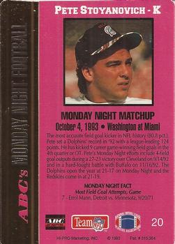 1993 Action Packed Monday Night Football #20 Pete Stoyanovich Back