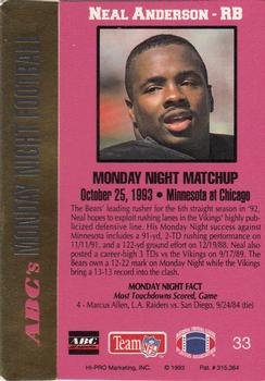 1993 Action Packed Monday Night Football #33 Neal Anderson Back