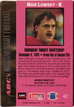 1993 Action Packed Monday Night Football #42 Nick Lowery Back