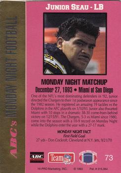 1993 Action Packed Monday Night Football #73 Junior Seau Back