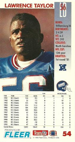 1993 GameDay #54 Lawrence Taylor Back