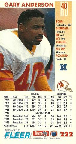 1993 GameDay #222 Gary Anderson Back
