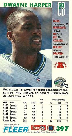 1993 GameDay #397 Dwayne Harper Back