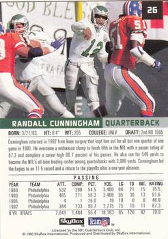 1993 SkyBox Premium #26 Randall Cunningham Back