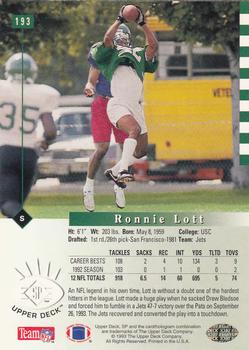 1993 SP #193 Ronnie Lott Back