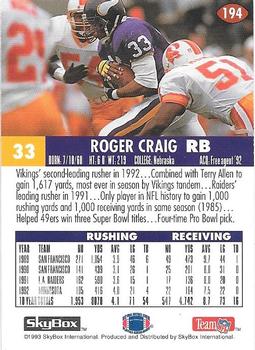 1993 SkyBox Impact - Color Foils #194 Roger Craig Back