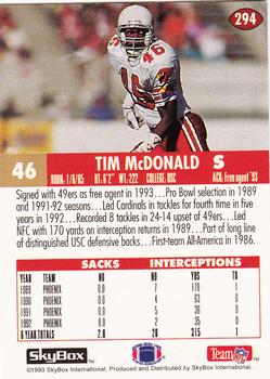 1993 SkyBox Impact - Color Foils #294 Tim McDonald Back