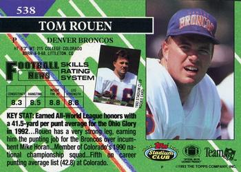 1993 Stadium Club - Members Only #538 Tom Rouen Back
