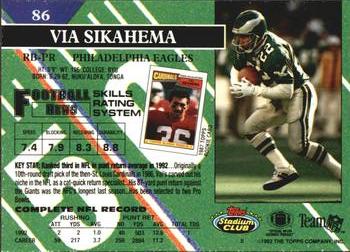 1993 Stadium Club #86 Vai Sikahema Back