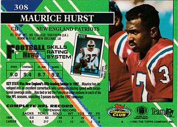 1993 Stadium Club #308 Maurice Hurst Back