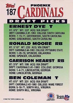 1993 Topps - Gold #187 Cardinals Draft Picks (Ernest Dye / Ronald Moore / Garrison Hearst / Ben Coleman) Back