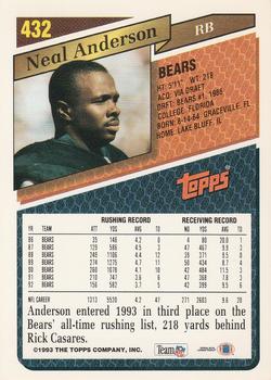 1993 Topps - Gold #432 Neal Anderson Back