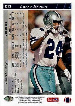 1993 Upper Deck Dallas Cowboys #D13 Larry Brown Back