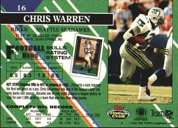 1993 Stadium Club - First Day Production/Issue #16 Chris Warren Back
