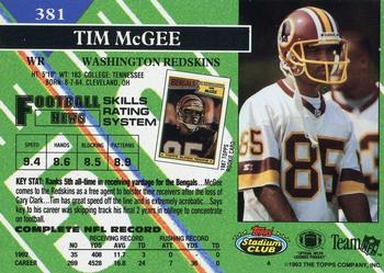 1993 Stadium Club - First Day Production/Issue #381 Tim McGee Back
