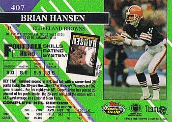 1993 Stadium Club - First Day Production/Issue #407 Brian Hansen Back