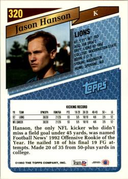 1993 Topps #320 Jason Hanson Back