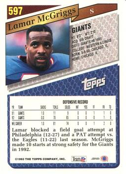 1993 Topps #597 Lamar McGriggs Back
