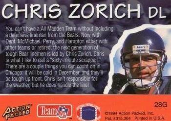 1994 Action Packed All-Madden 24K - Gold #28G Chris Zorich Back