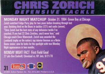 1994 Action Packed Monday Night Football #31 Chris Zorich Back