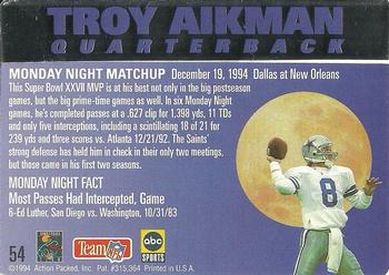 1994 Action Packed Monday Night Football #54 Troy Aikman Back
