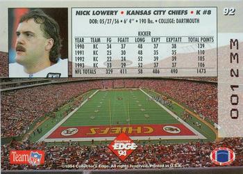 1994 Collector's Edge - 1st Day Gold #92 Nick Lowery Back