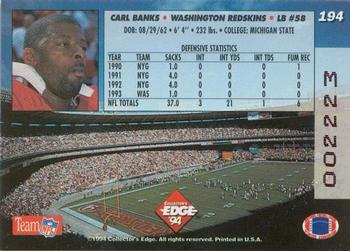1994 Collector's Edge - 1st Day Gold #194 Carl Banks Back