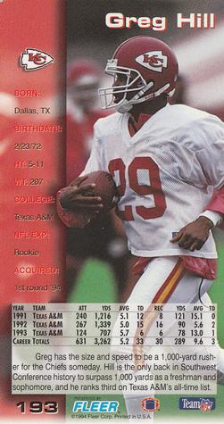 1994 GameDay #193 Greg Hill Back