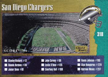 1994 Score - Gold Zone #318 San Diego Chargers / Tampa Bay Buccaneers Front