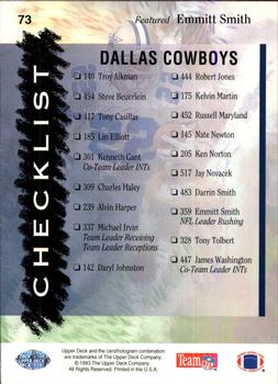 1993 Upper Deck #73 Cowboys Checklist Back
