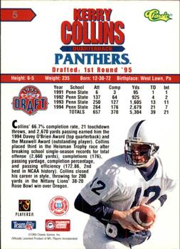 1995 Classic NFL Rookies - Printer's Proofs Silver #5 Kerry Collins Back