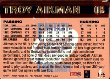 1994 Action Packed - Fantasy Forecast #FF5 Troy Aikman Back