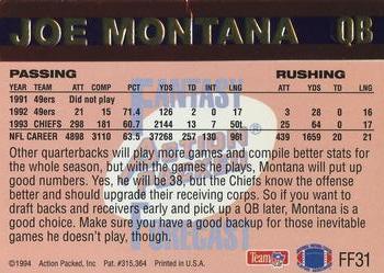 1994 Action Packed - Fantasy Forecast #FF31 Joe Montana Back